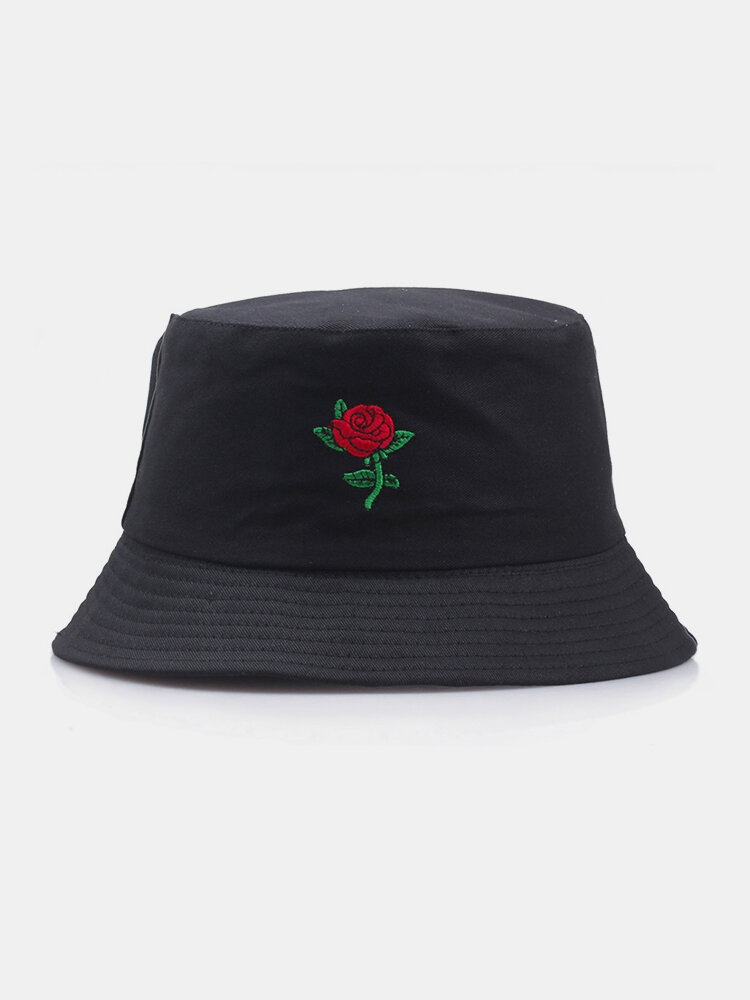 Unisex Cotton Rose Embroidery Fashion Sunshade Bucket Hat