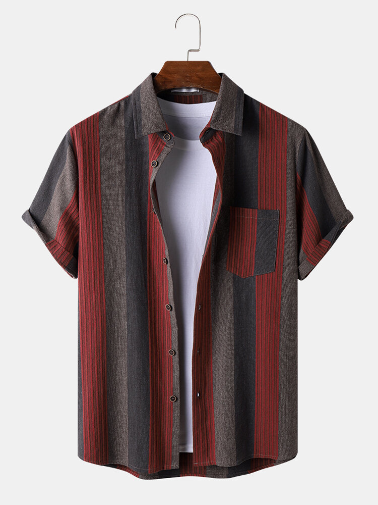 Camisas de manga corta de algodón con botones y bolsillo en el pecho a rayas para hombre