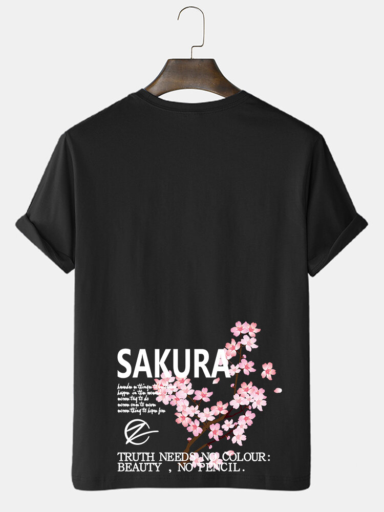 Mens Slogan Cherry Blossoms Back Print Cotton Short Sleeve T-Shirts