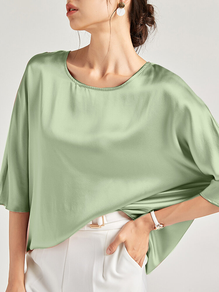 

Solid Loose Dolman Sleeve Satin Crew Neck Women Blouse, Green;pink;navy;apricot