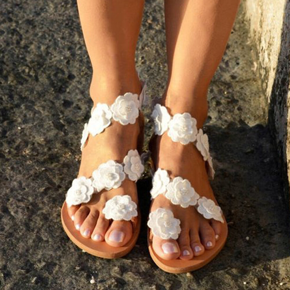 Large Size Women Summer Flowers Strappy Flat Flip Flops Sandals
