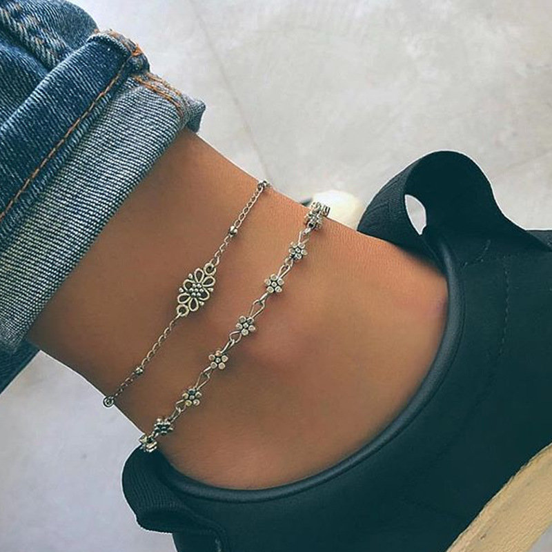 

Bohemian Personality Pendant Flower Carved Hollow Double-layer Beach Anklet, Silver