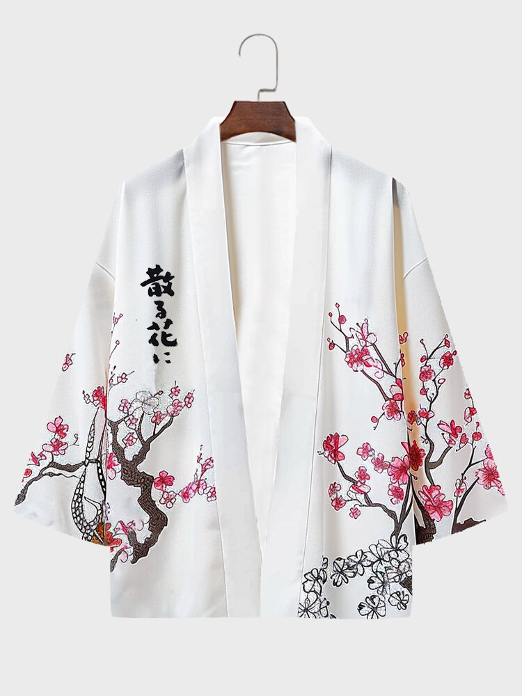Mens Japanese Floral Print Open Front Loose 3/4 Sleeve Kimono