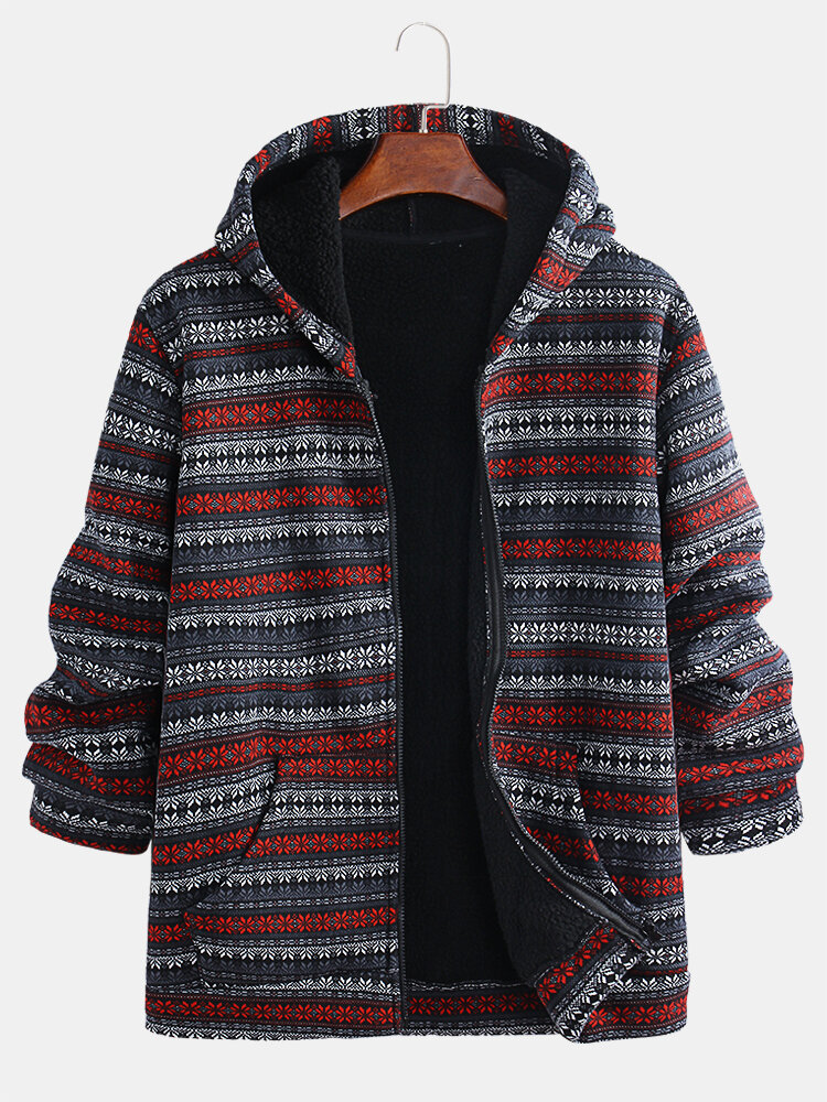 Mens Ethnic Striped Printing Fleece Lined Warm Winter Wool Blends Coats Hoodies