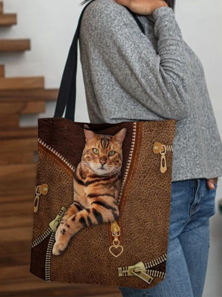 Women Felt Cute Cat Print Handbag Tote