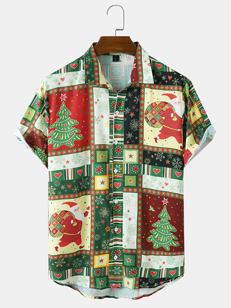 Mens Christmas Tree Santa Print Colorblock Button Holiday Short Sleeve Shirts