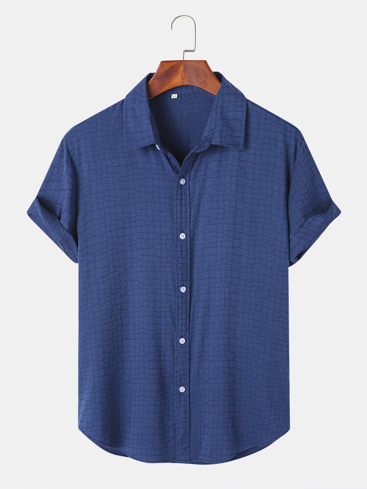 Mens Grid Texture Button Up Daily Short Sleeve Shirts