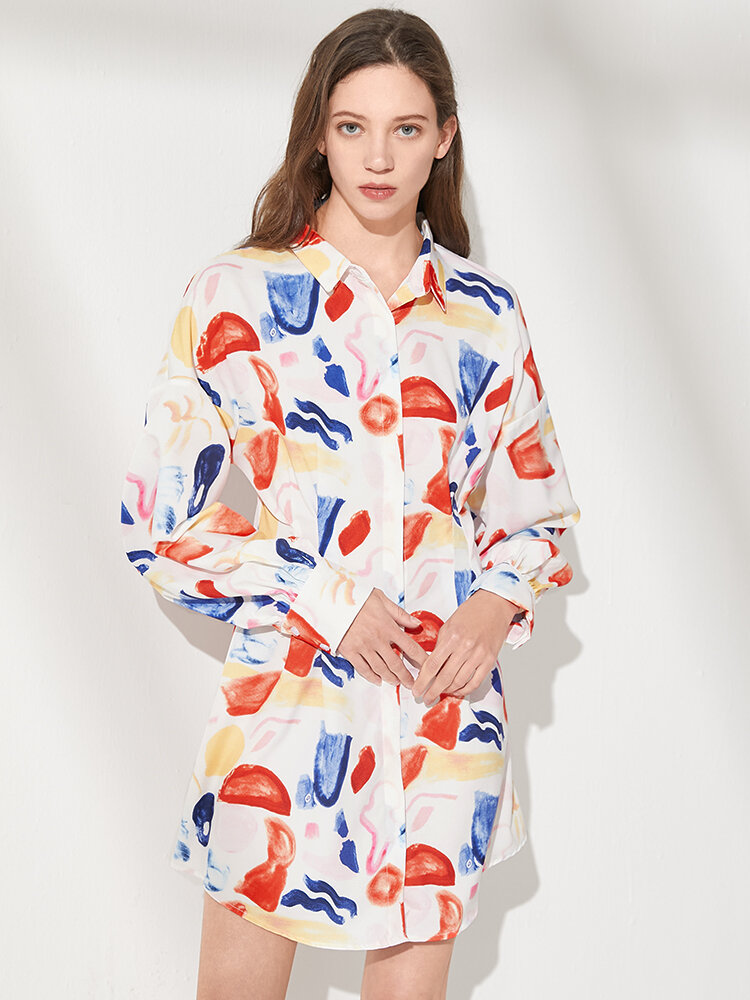 Abstract Pattern Long Sleeve Lapel Shirt Dress For Women