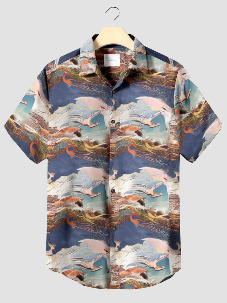 

Mens Japanese Wave Bird Print Lapel Short Sleeve Shirts, Blue