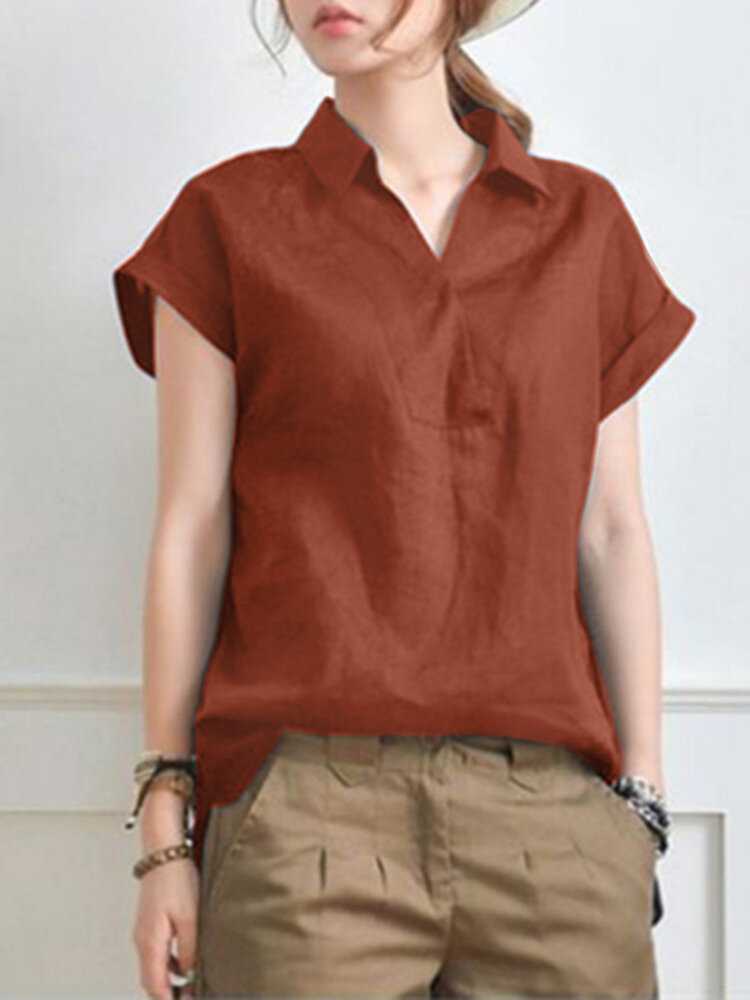 Solid V Neck Roll Short Sleeve Casual Cotton Blouse