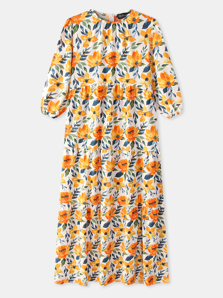Floral Print Puff Sleeve Plus Size Long Dress for Women