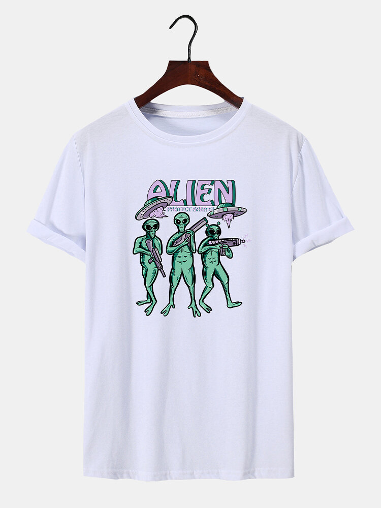 Men Animatic Alien Print Crew Neck Hem Cuff Soft Light Regular Fit T-Shirts
