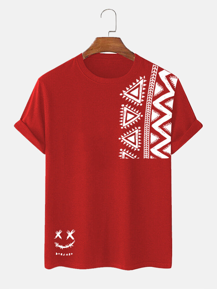 

Mens Ethnic Geometric Smile Print Crew Neck Short Sleeve T-Shirts, Red;black