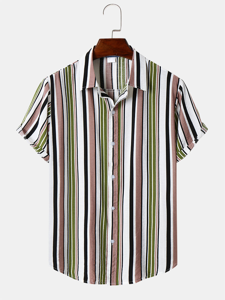 Designer Mensclo Mens Colorful Striped Lapel Button Up Short Sleeve ...