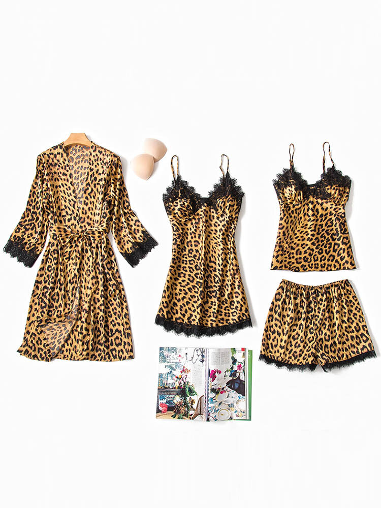 Сексуальный Шелк Женское Пижамы Леопардовые кружева в стиле пэчворк Четыре предмета Домашняя одежда для сна