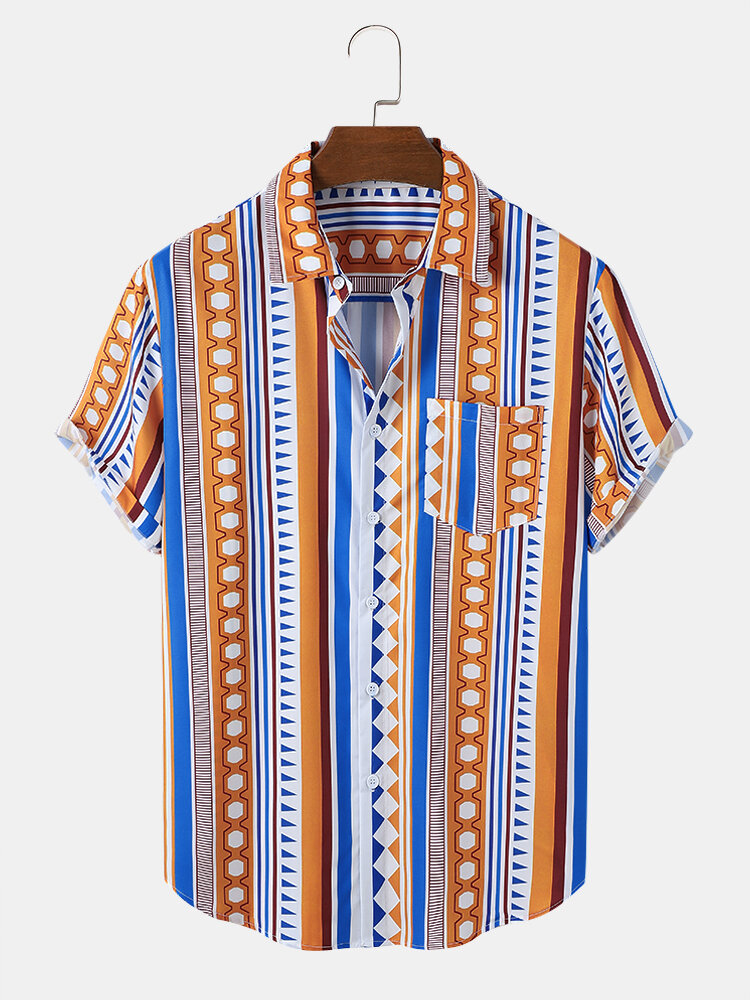 Mens Striped Geometric Print Ethnic Style Short Sleeve Shirts