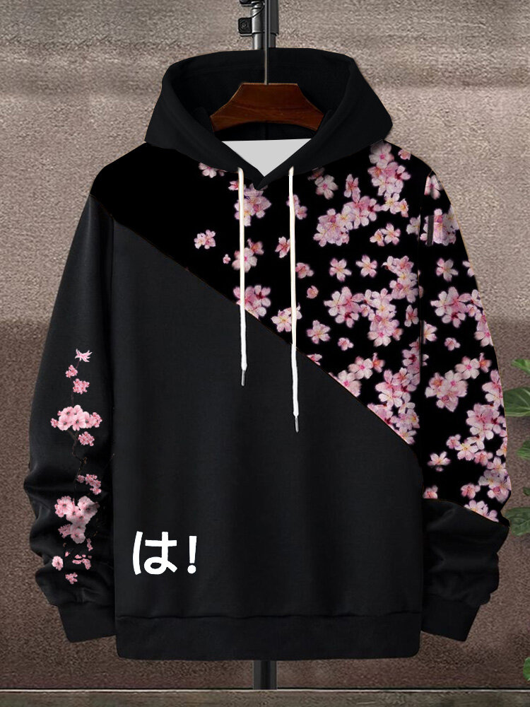 Sweats à capuche avec cordon de serrage en patchwork imprimé fleurs de cerisier japonais pour hommes