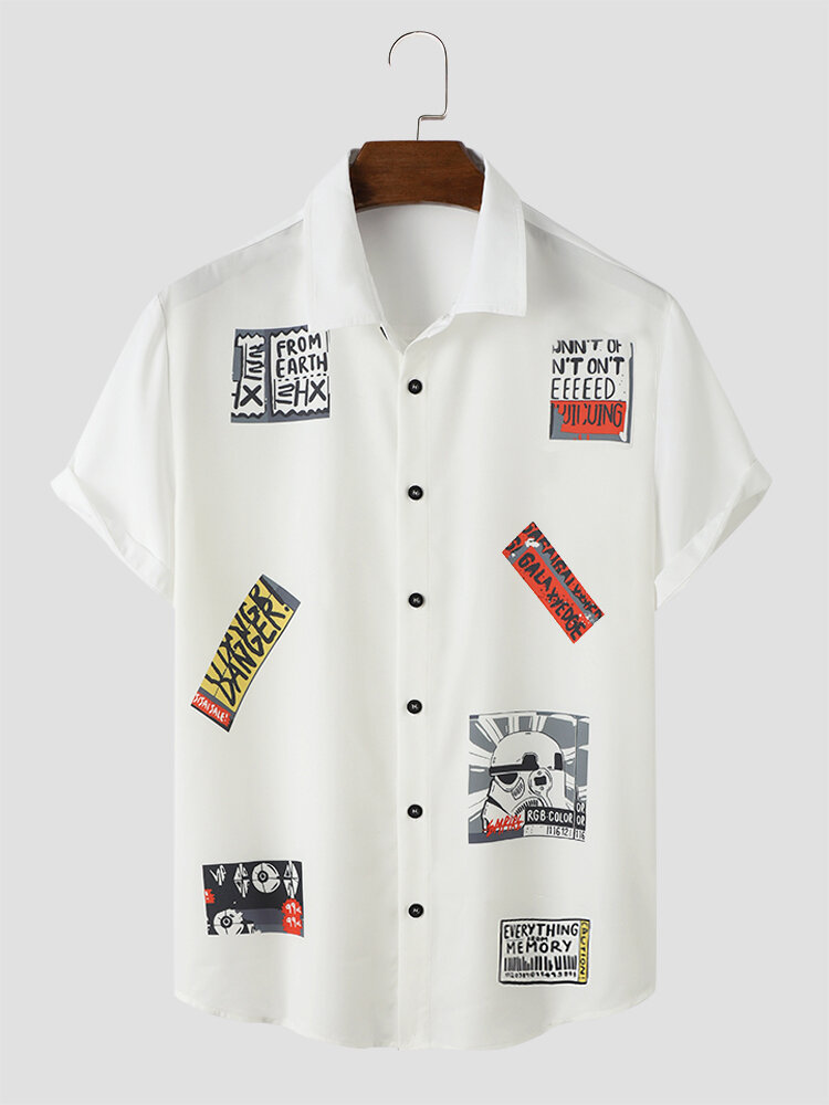 Mens Letter Cartoon Graphics Button Front Short Sleeve Shirts