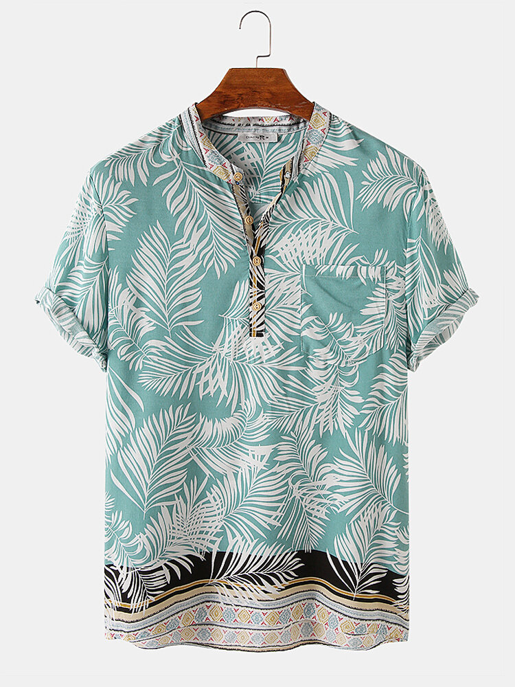 Mens Tropical Leaf Floral Print Short Sleeve Holiday Henley Shirts