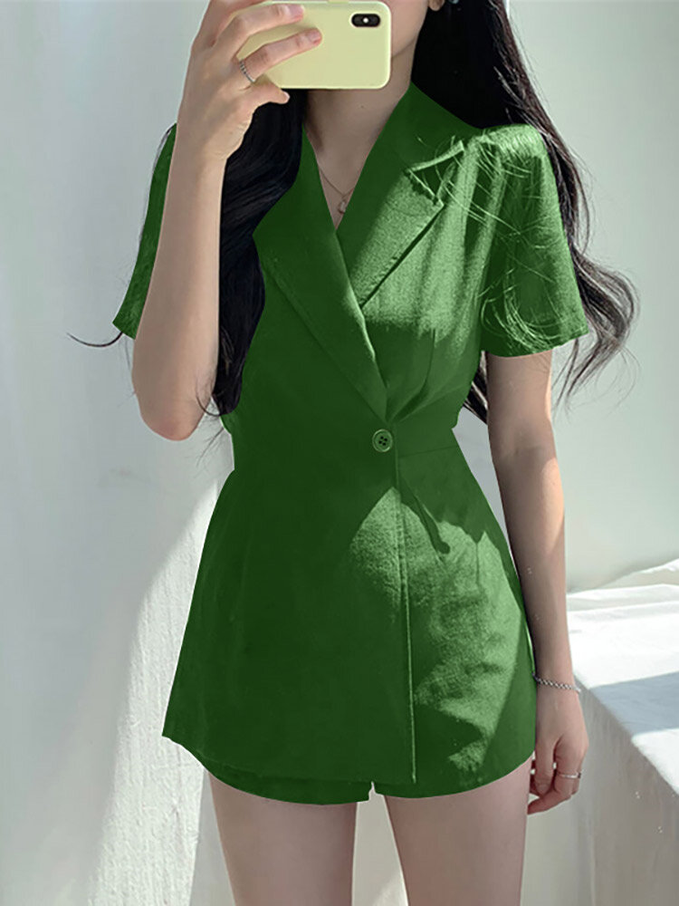 Solid Lapel Short Sleeve Button Zip Casual Romper