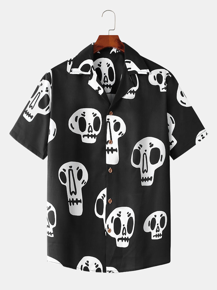 Mens All Over Skull Print Revere Collar Street Short Sleeve Shirts