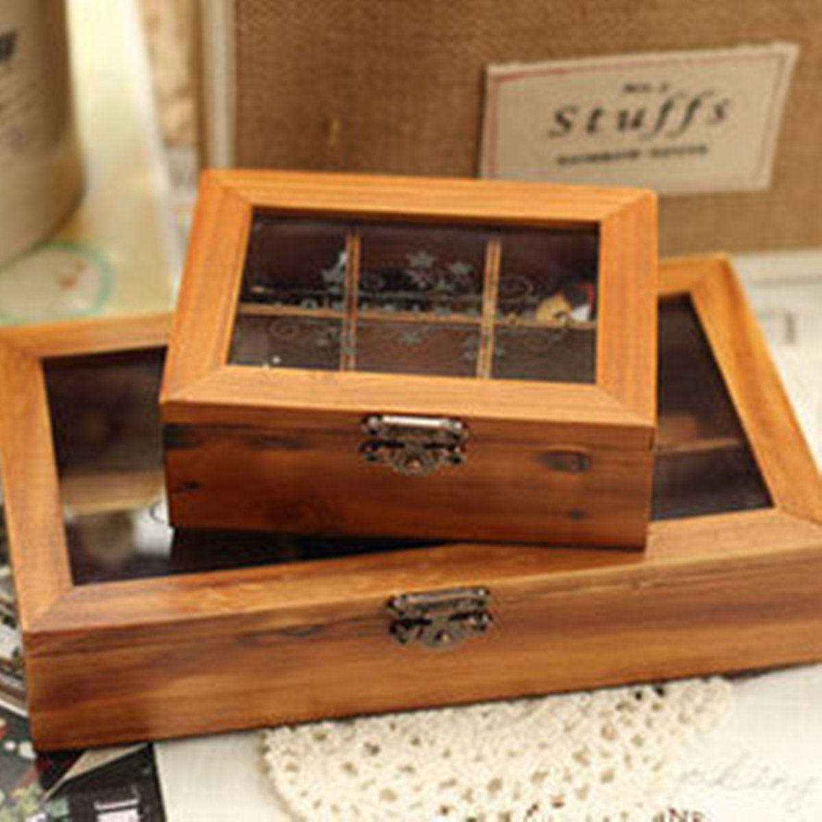 1pc Retro Vintage Wood Wooden Clear Cover Jewelry Box Storage Organiser New Storage Container