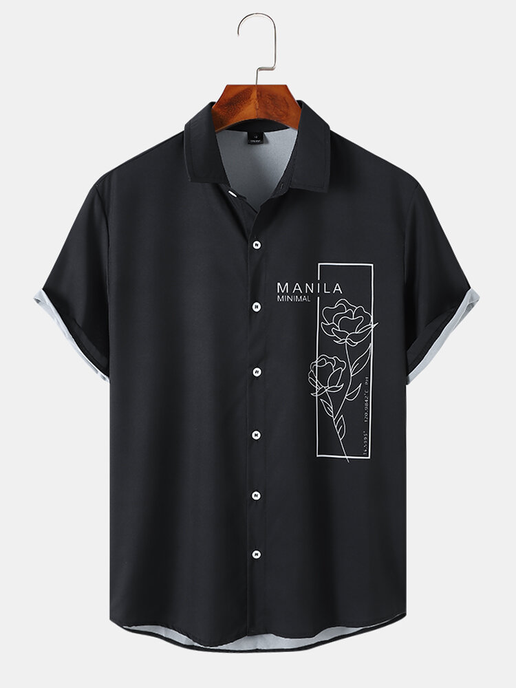 Mens Rose Letter Graphic Button Up Short Sleeve Shirts