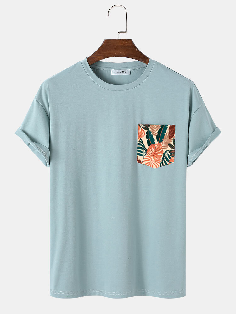 T-shirt casual a maniche corte con stampa tasca sul petto tropicale da uomo