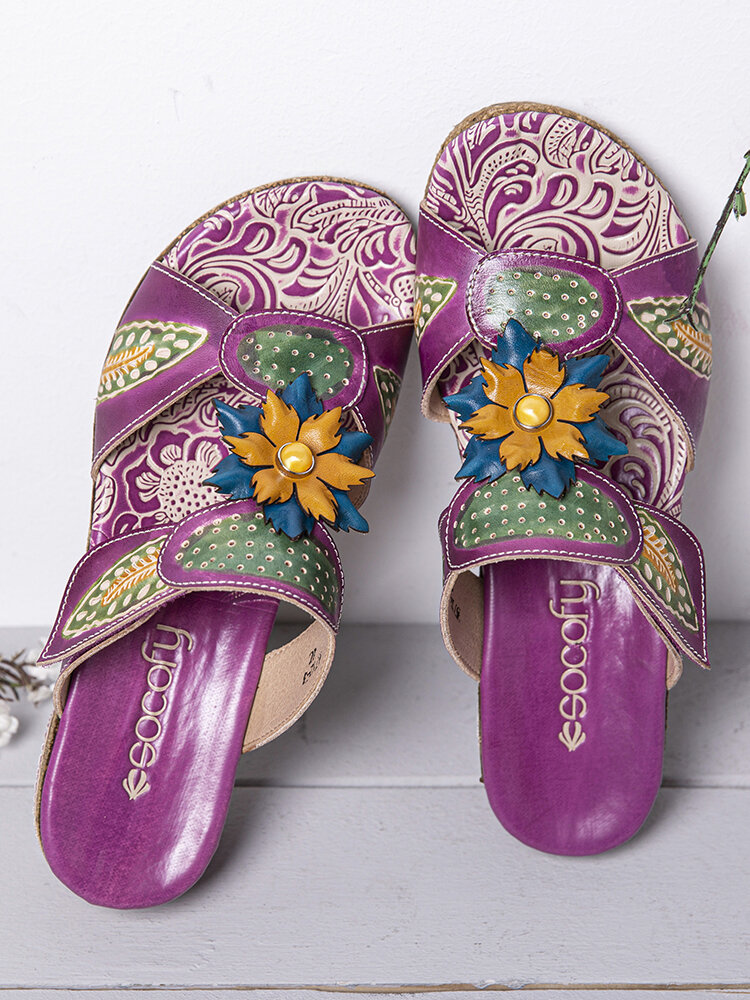SOCOFY Handmade Leather Beaded Floral Adjustable Strap Slip on Slides Wedge Sandals