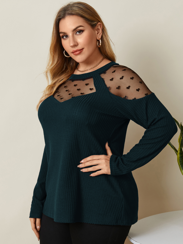 Patchwork O-neck Long Sleeve Plus Size Mesh Blouse for Women