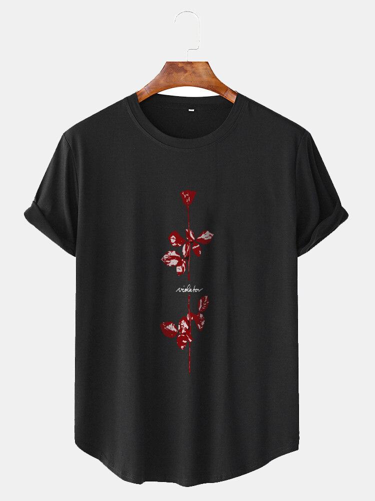 Camisetas masculinas com gráfico floral, gola redonda, bainha curvada, manga curta