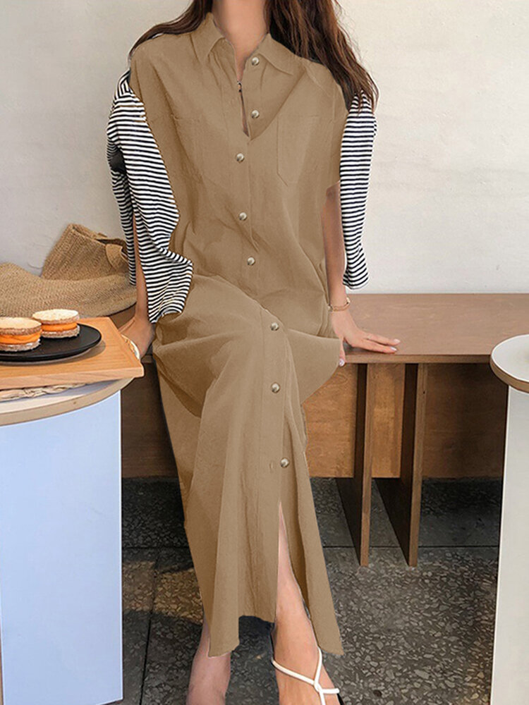 Einfarbiges Schlitztaschen-Knopf-Frontrevers-Maxihemd Kleid