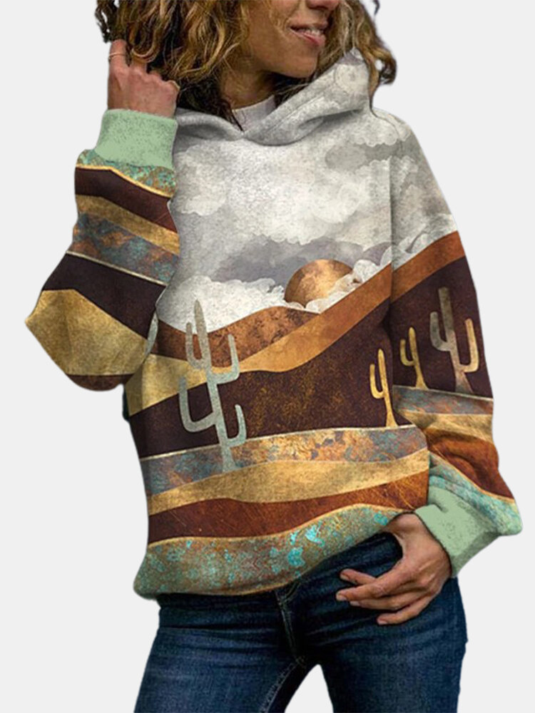 Landscape Print Long Sleeve Casual Hoodie For Women