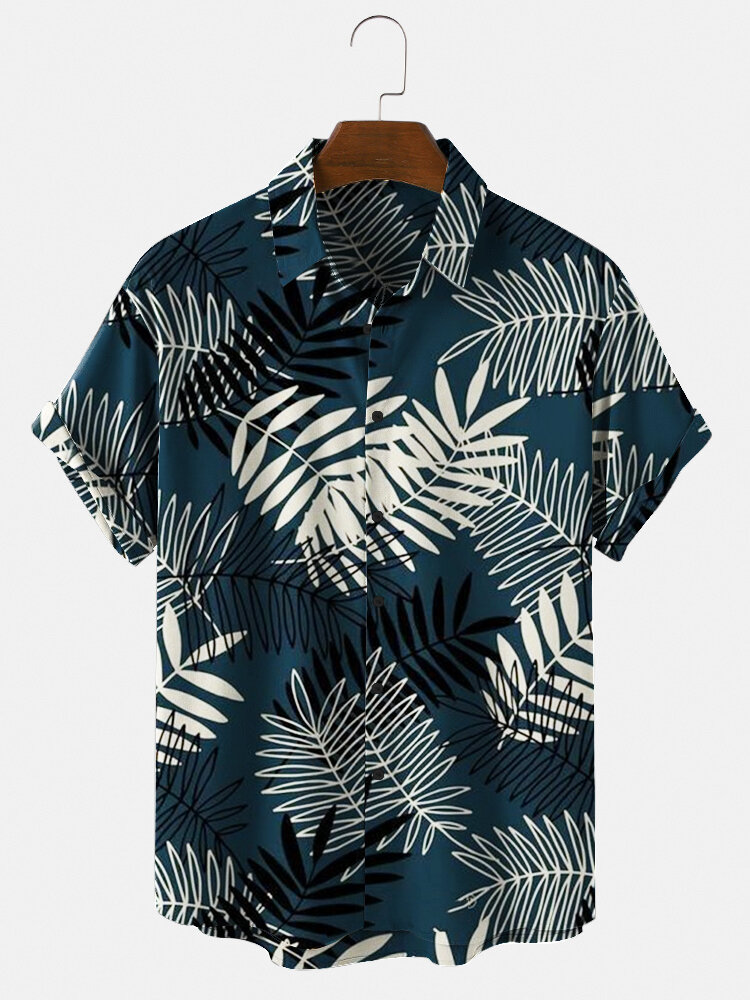 

Mens All Over Tropical Plant Print Lapel Short Sleeve Shirts, Blue