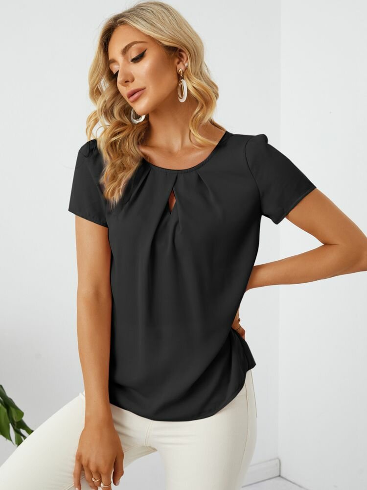 Solid Color Pleated Hollow Crew Neck Short Sleeve Blouse