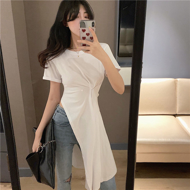 Button Design Side Slit Wide Loose Long Personality T-shirt 61559