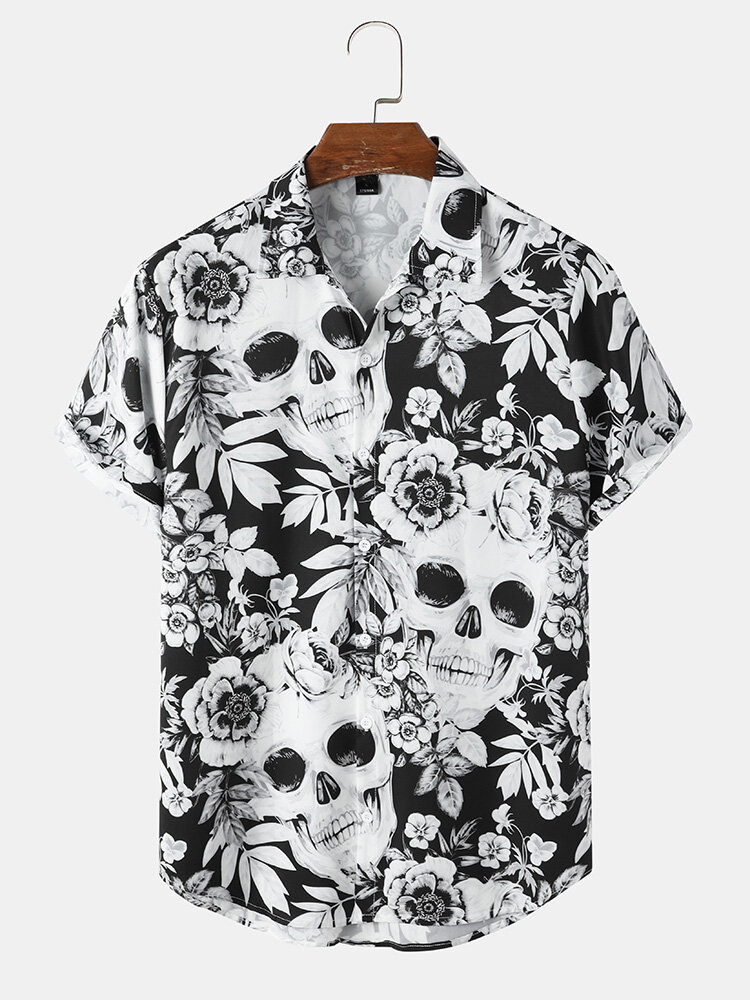 Mens All Over Skull Floral Print Lapel Short Sleeve Halloween Shirts