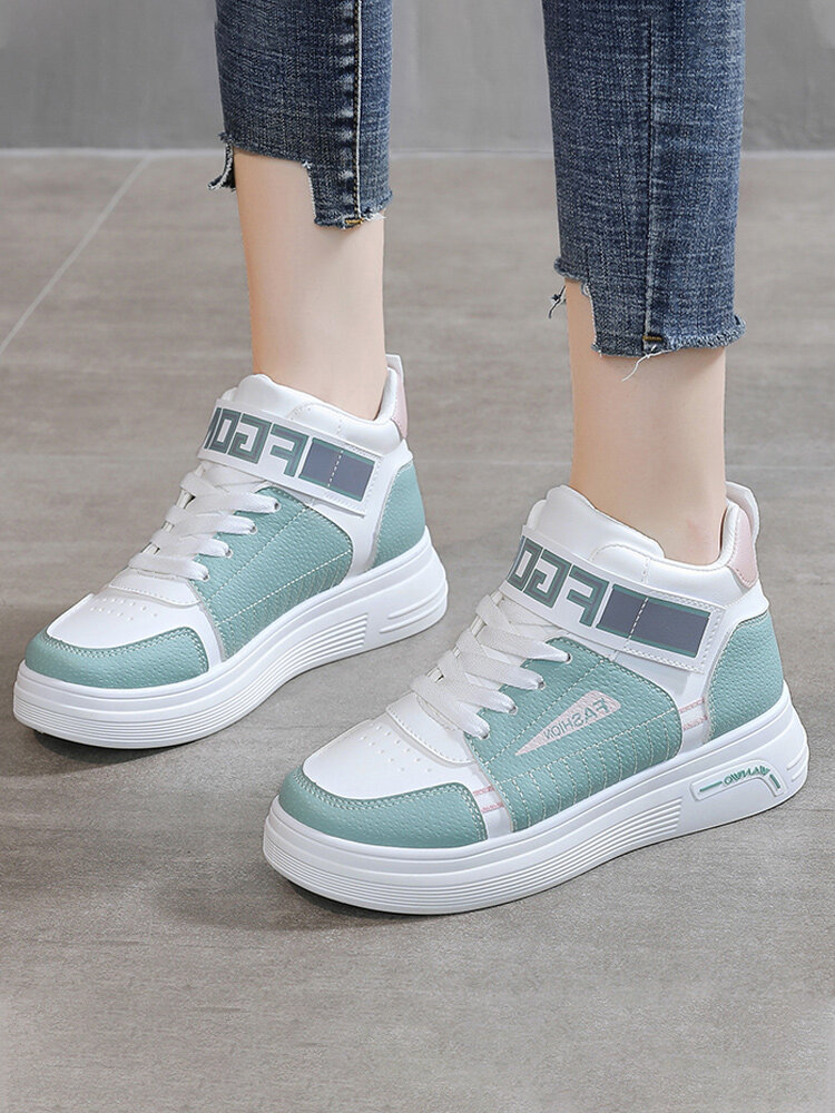 

Women Casual Splicing High Top Thick Sole Lace Up Court Sneakers, Green;black;white