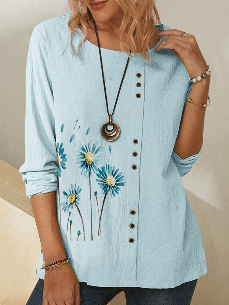 Button Daisy Flower Print Long Sleeve Casual Blouse For Women