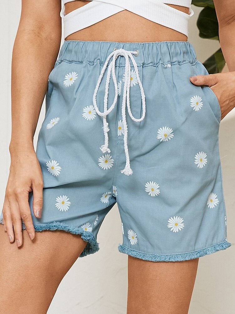 Daisy Flower Print Drawstring Tassel Hem Casual Denim Shorts With Pocket