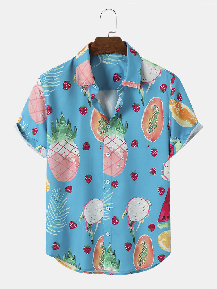 Mens Watercolor Fruit Print Lapel Holiday Short Sleeve Shirts