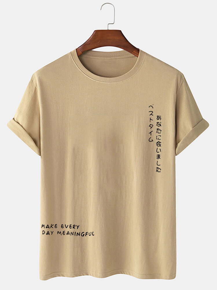 Mens Japanese Slogan Print Crew Neck Short Sleeve T-Shirts