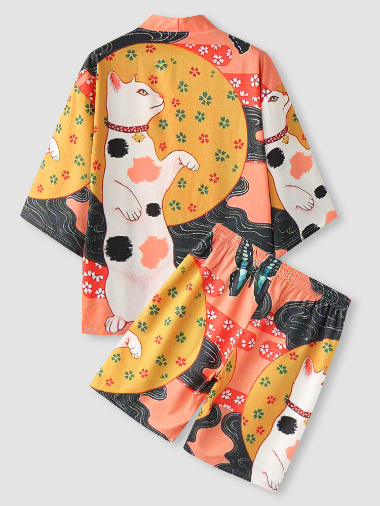 Mens Cartoon Cat Print Open Front Kimono Street Short Two Pieces Outfits