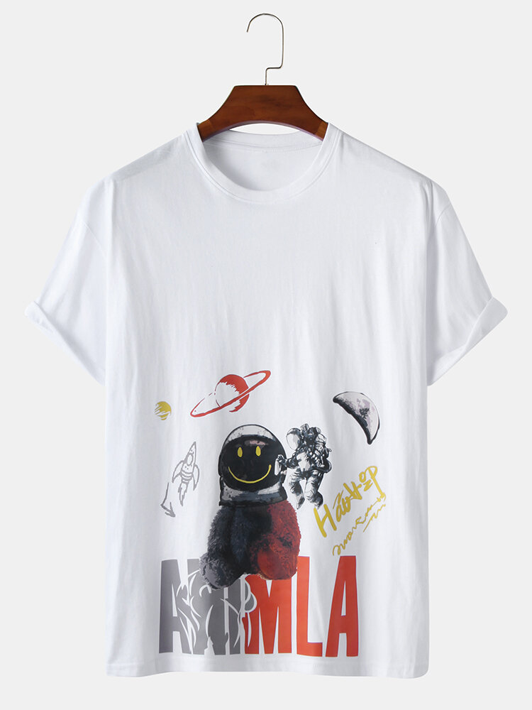 Mens Cartoon Space Astronaut Print Loose Cotton Short Sleeve T-Shirts