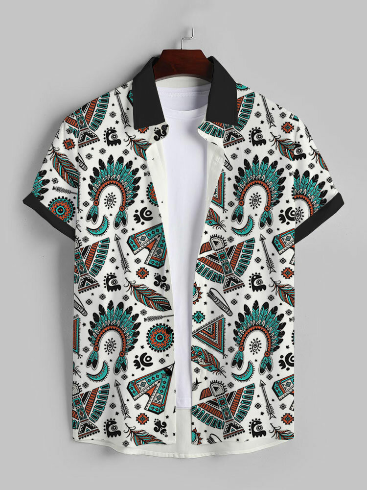 Mens Ethnic Vintage Feather Print Lapel Contrast Short Sleeve Shirts
