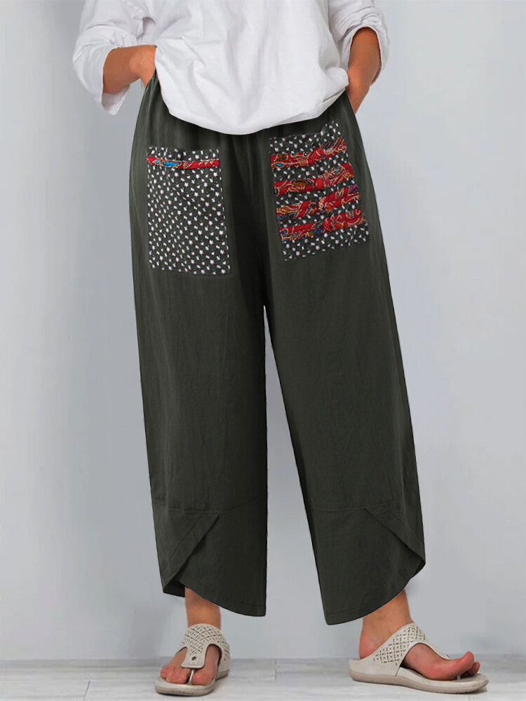 Ethnic Print Patchwork Plus Size Pants With Pockets