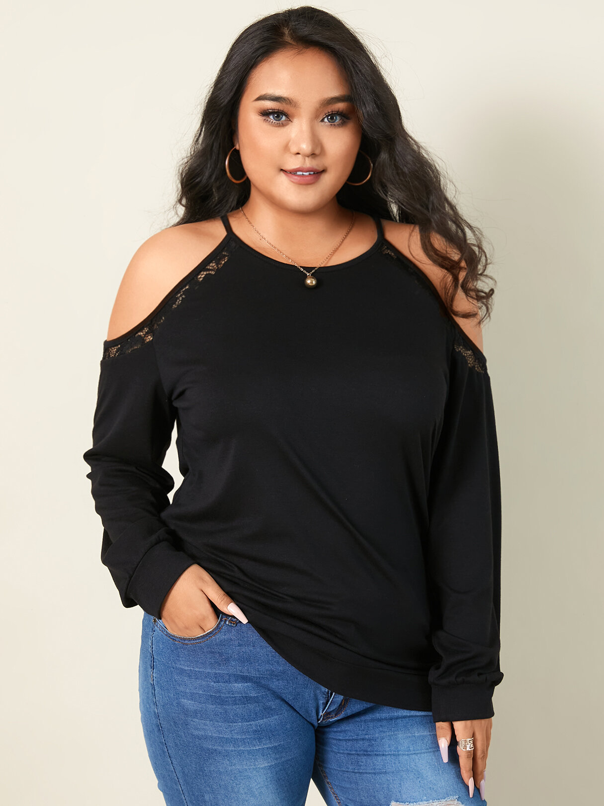Plus Size Cold Shoulder Spaghetti Strap Lace Long Sleeves T-shirt