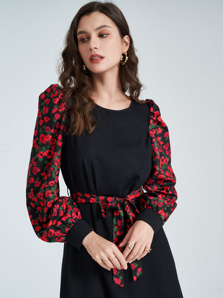 Floral Pattern Long Sleeve Crew Neck Dress With Belt