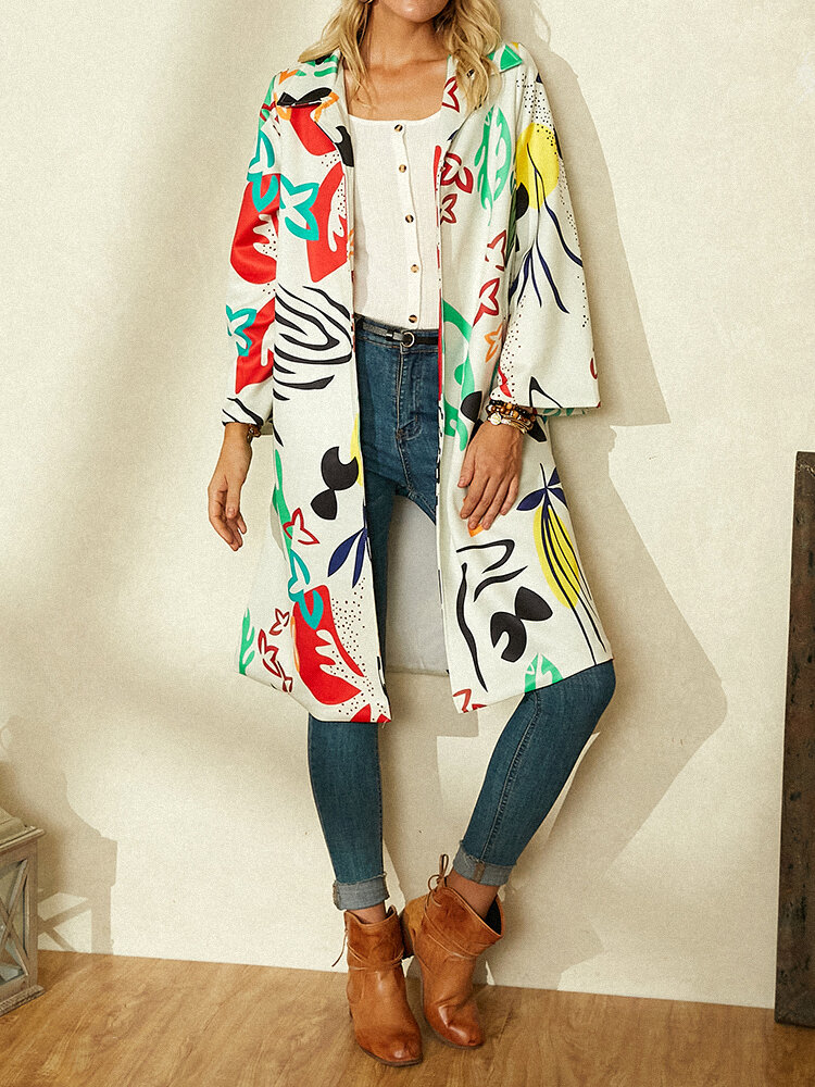

Casual Calico Printed Lapel Collar Long Sleeve Coat, White