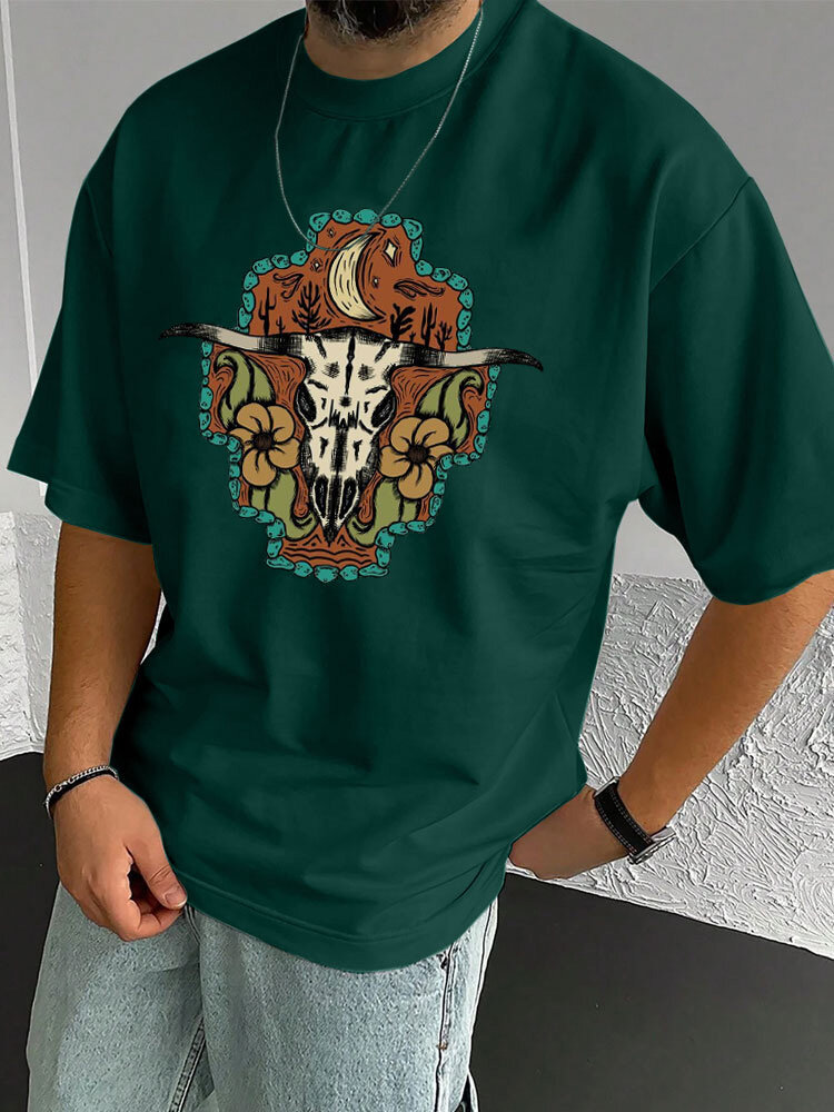 

Mens Ethnic Cow Head Desert Landscape Print Short Sleeve T-Shirts Winter, Green